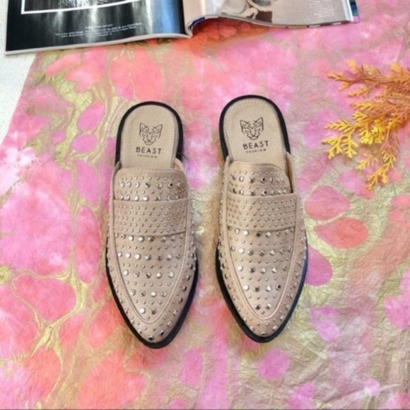 Beast Fashion Shoes - NEW Beast Fashion Taupe Mules Silver Studs Flats 6